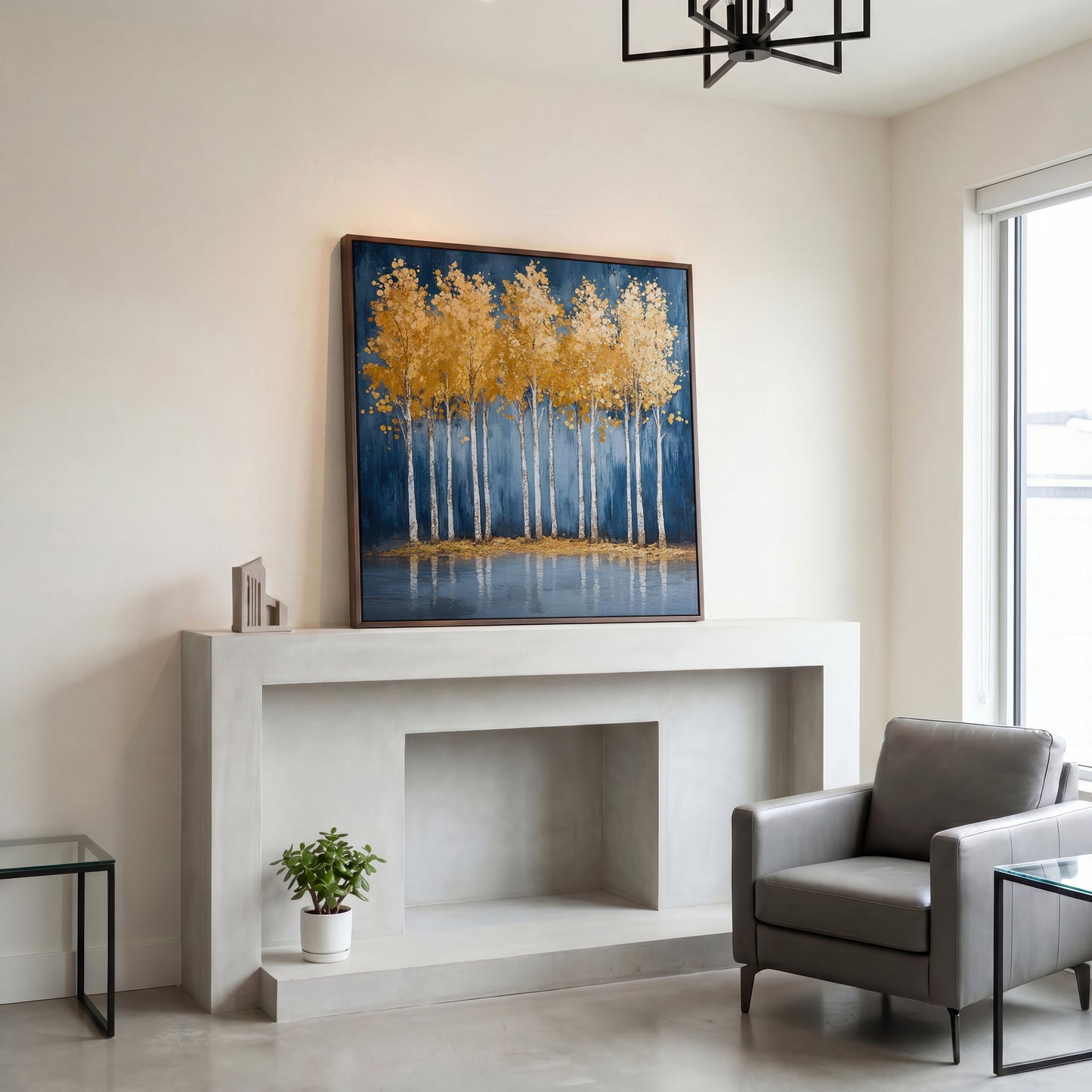 Golden Leaves Forest Pond Canvas in dark walnut floating frame