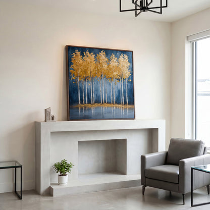 Golden Leaves Forest Pond Canvas in dark walnut floating frame