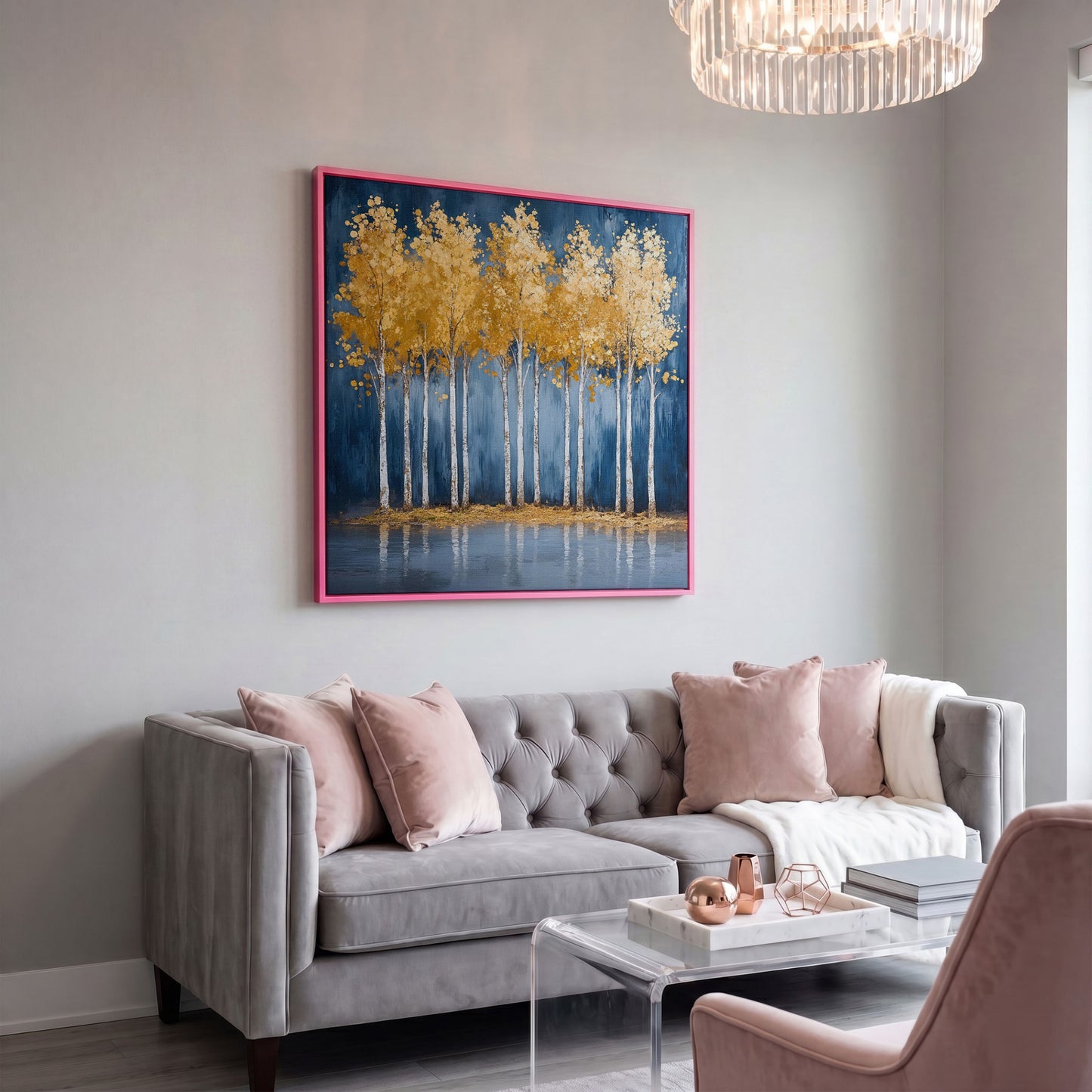 Golden Leaves Forest Pond Canvas in pink floating frame