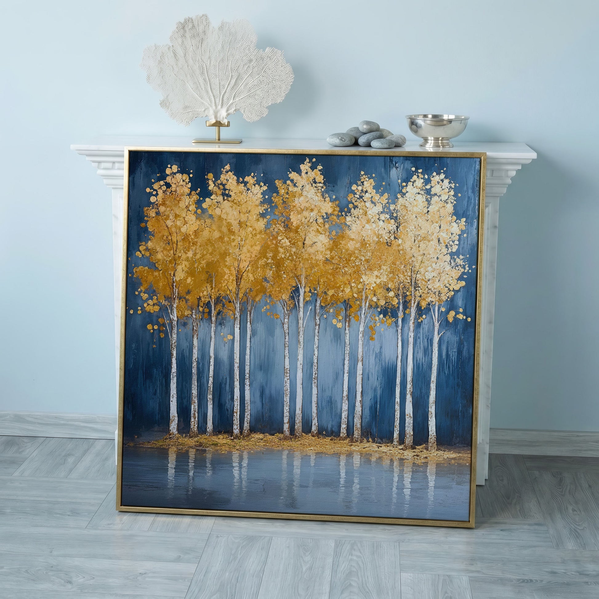 Golden Leaves Forest Pond Canvas in rose gold floating frame