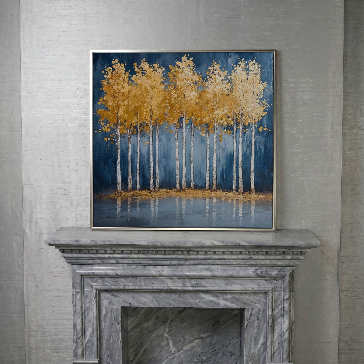 Golden Leaves Forest Pond Canvas in silver floating frame