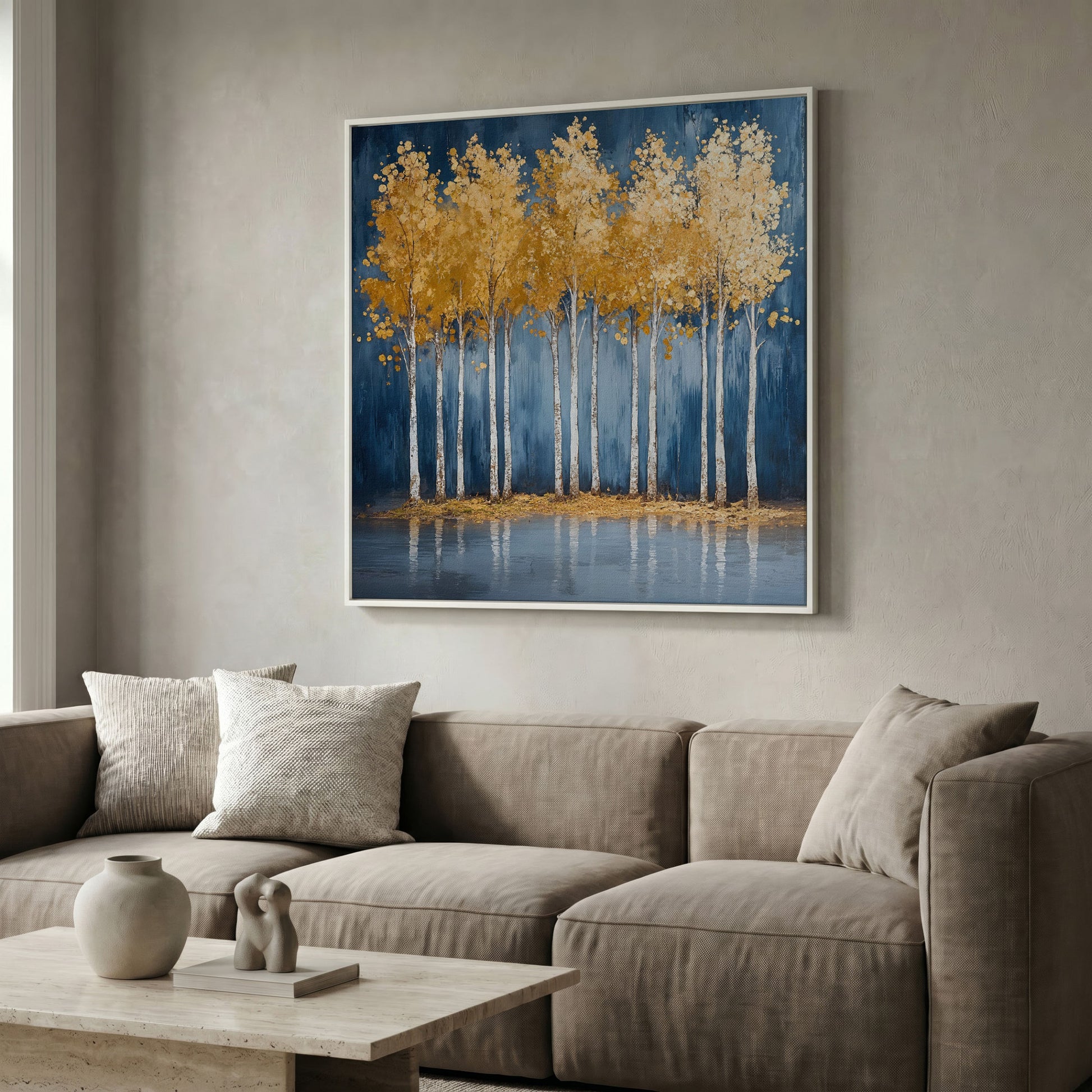 Golden Leaves Forest Pond Canvas in white floating frame