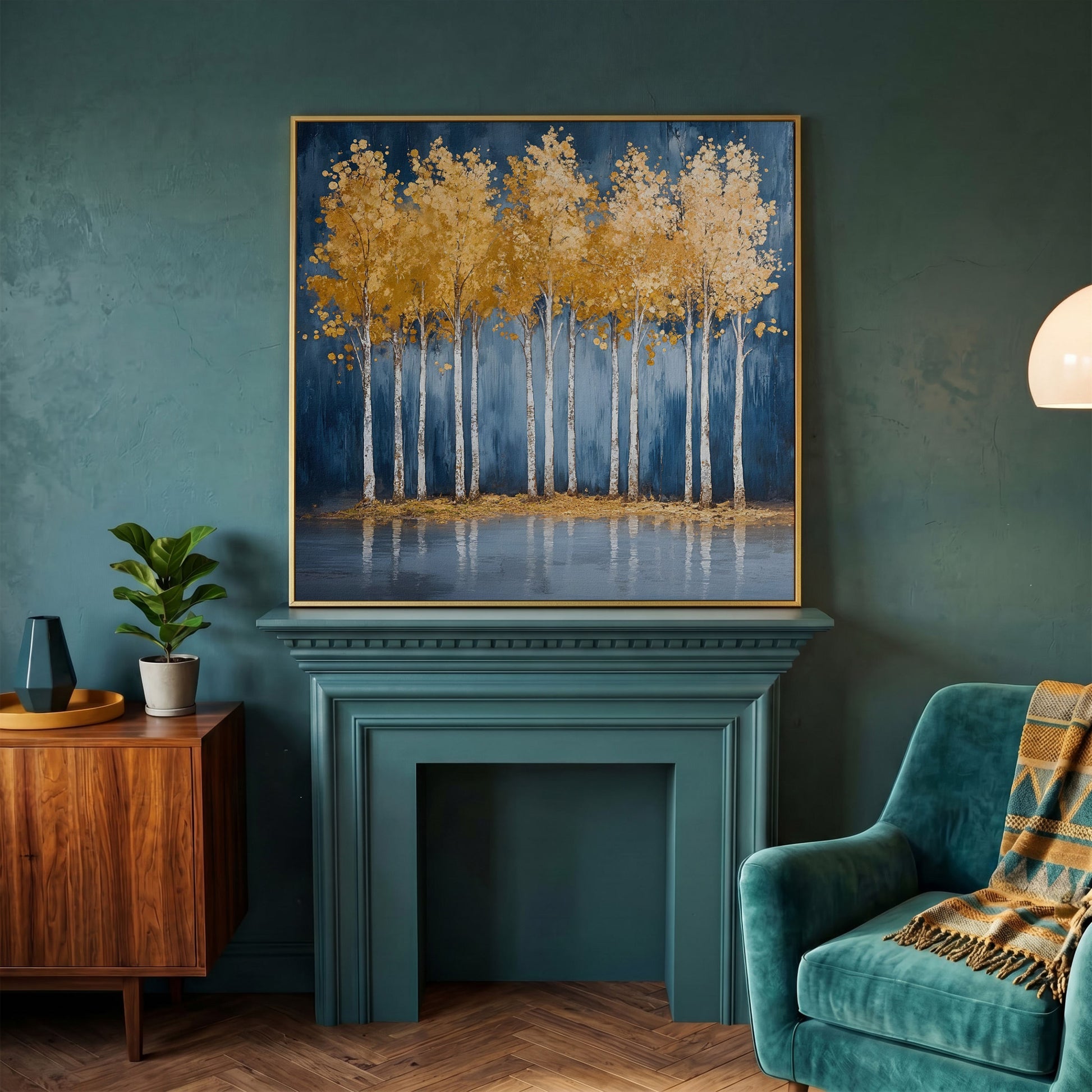 Golden Leaves Forest Pond Canvas in yellow gold floating frame