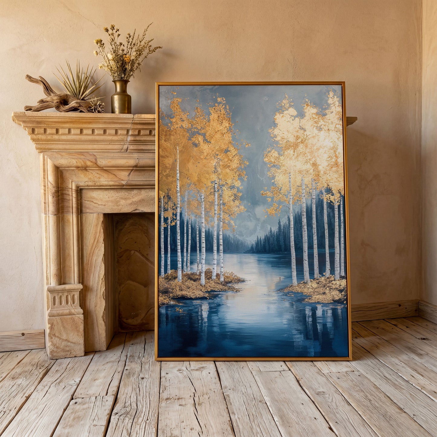Serene Lake with Golden Forest Canvas in antique gold floating frame