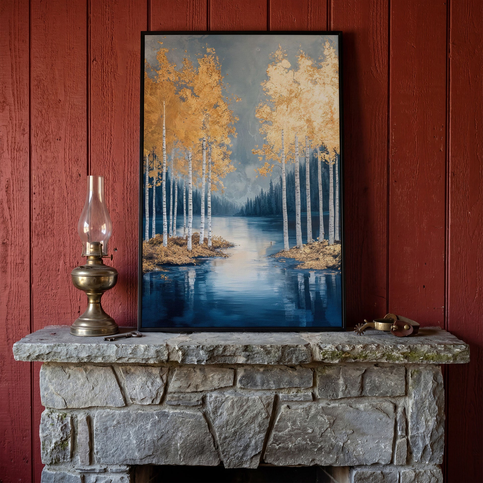 Serene Lake with Golden Forest Canvas in black floating frame