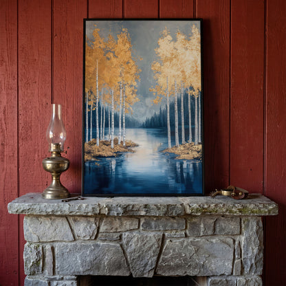 Serene Lake with Golden Forest Canvas in black floating frame