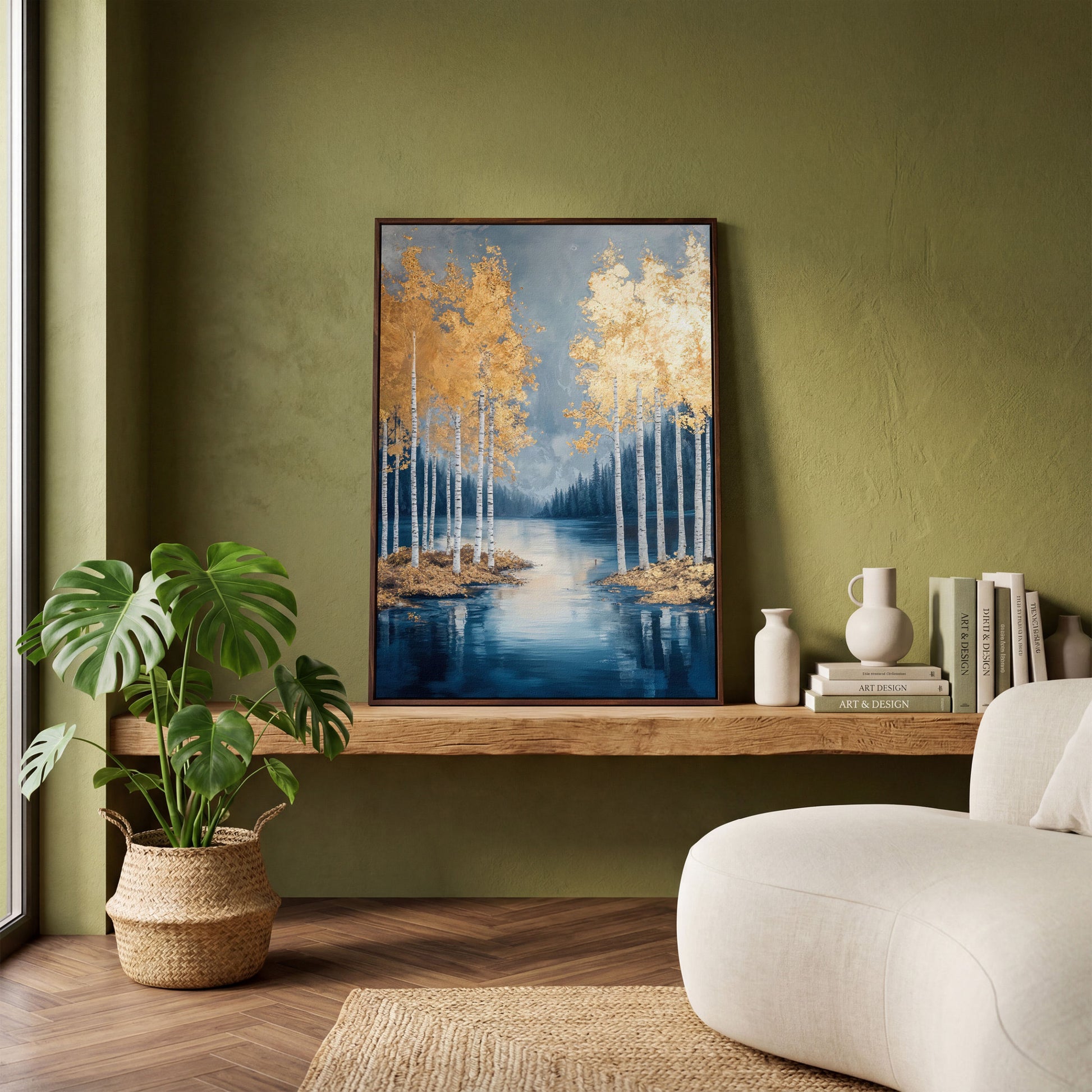 Serene Lake with Golden Forest Canvas in dark walnut floating frame