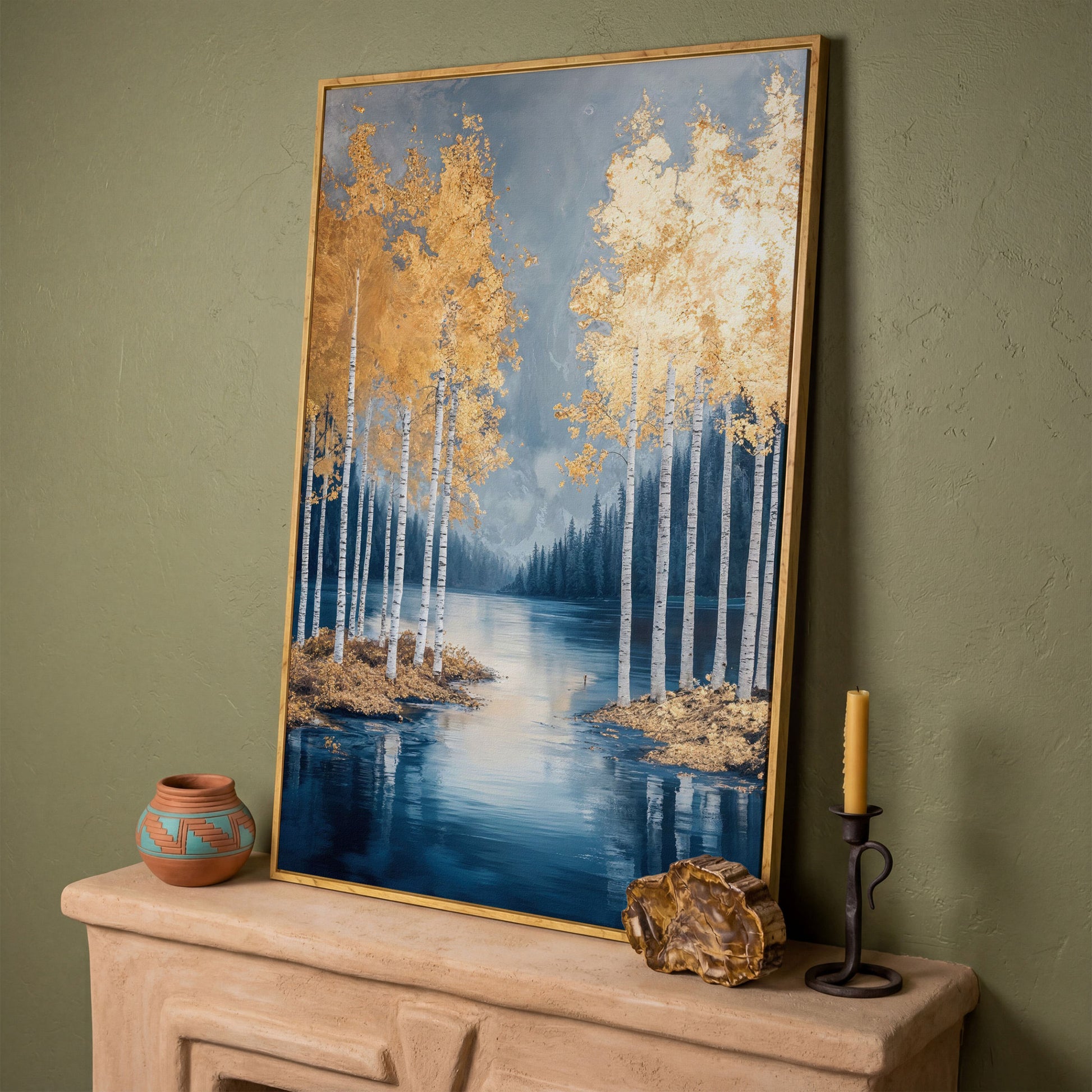 Serene Lake with Golden Forest Canvas in white oak floating frame