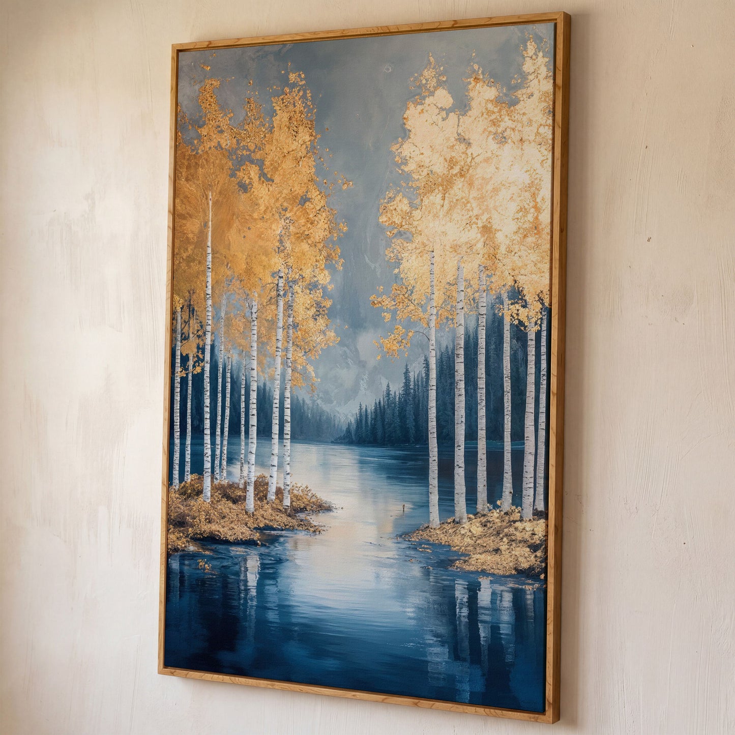 Serene Lake with Golden Forest Canvas shown in white oak floating frame