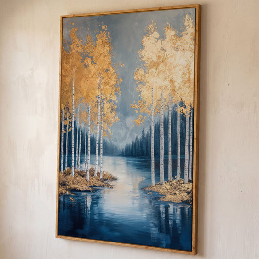 Serene Lake with Golden Forest Canvas shown in white oak floating frame