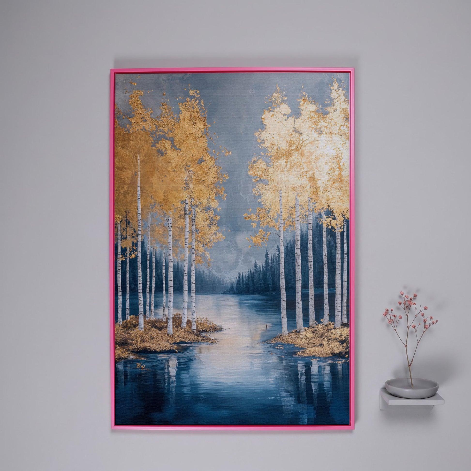 Serene Lake with Golden Forest Canvas in pink floating frame