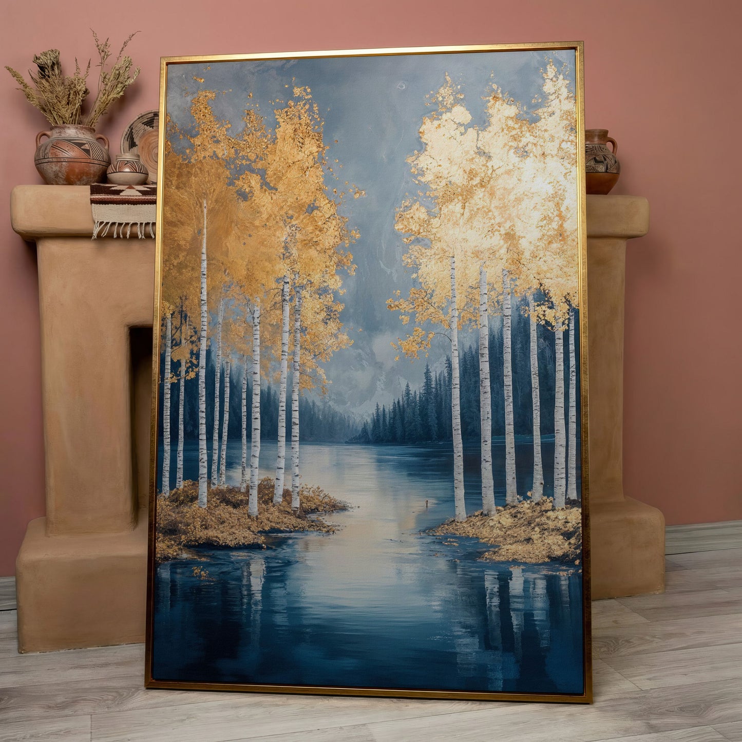 Serene Lake with Golden Forest Canvas in rose gold floating frame