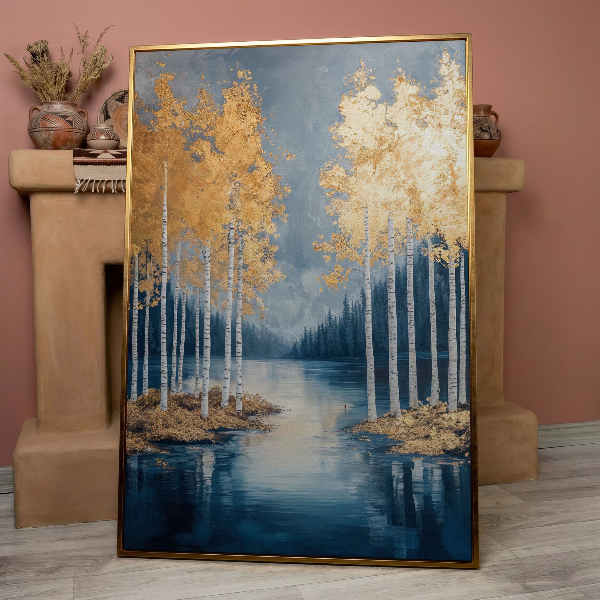 Serene Lake with Golden Forest Canvas in rose gold floating frame