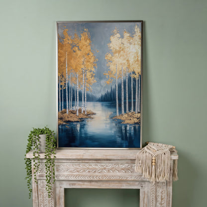 Serene Lake with Golden Forest Canvas in silver floating frame