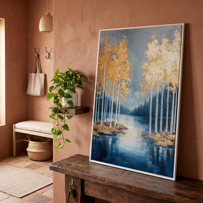 Serene Lake with Golden Forest Canvas in white floating frame