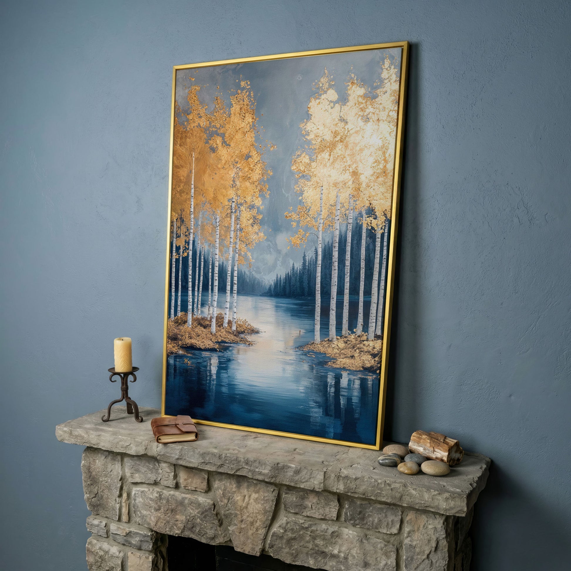 Serene Lake with Golden Forest Canvas in yellow gold floating frame