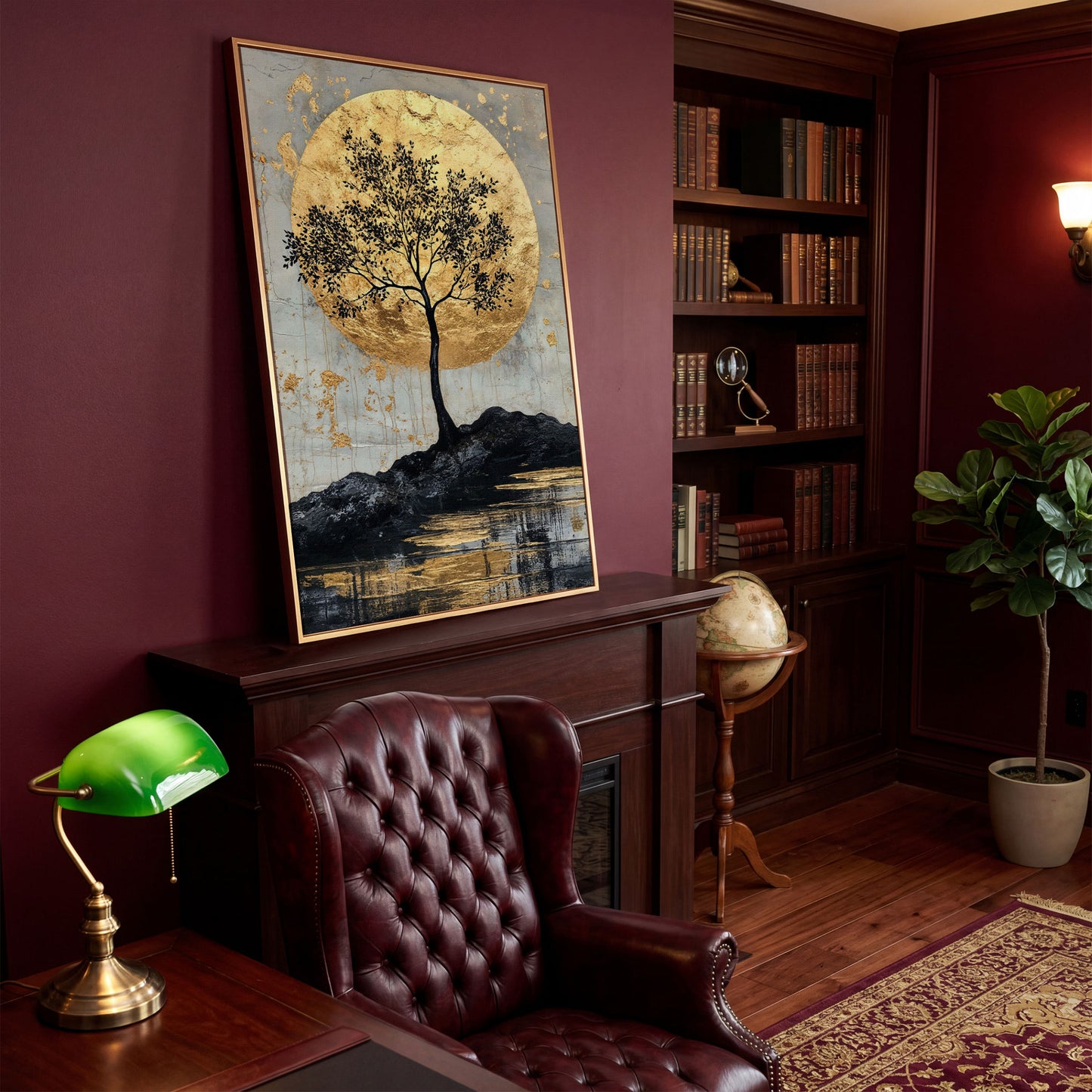 Black Tree with Golden Moon Canvas Print in antique gold floating frame