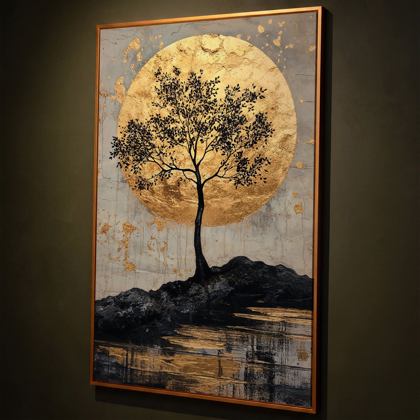 Black Tree with Golden Moon Canvas Print shown in antique gold floating frame