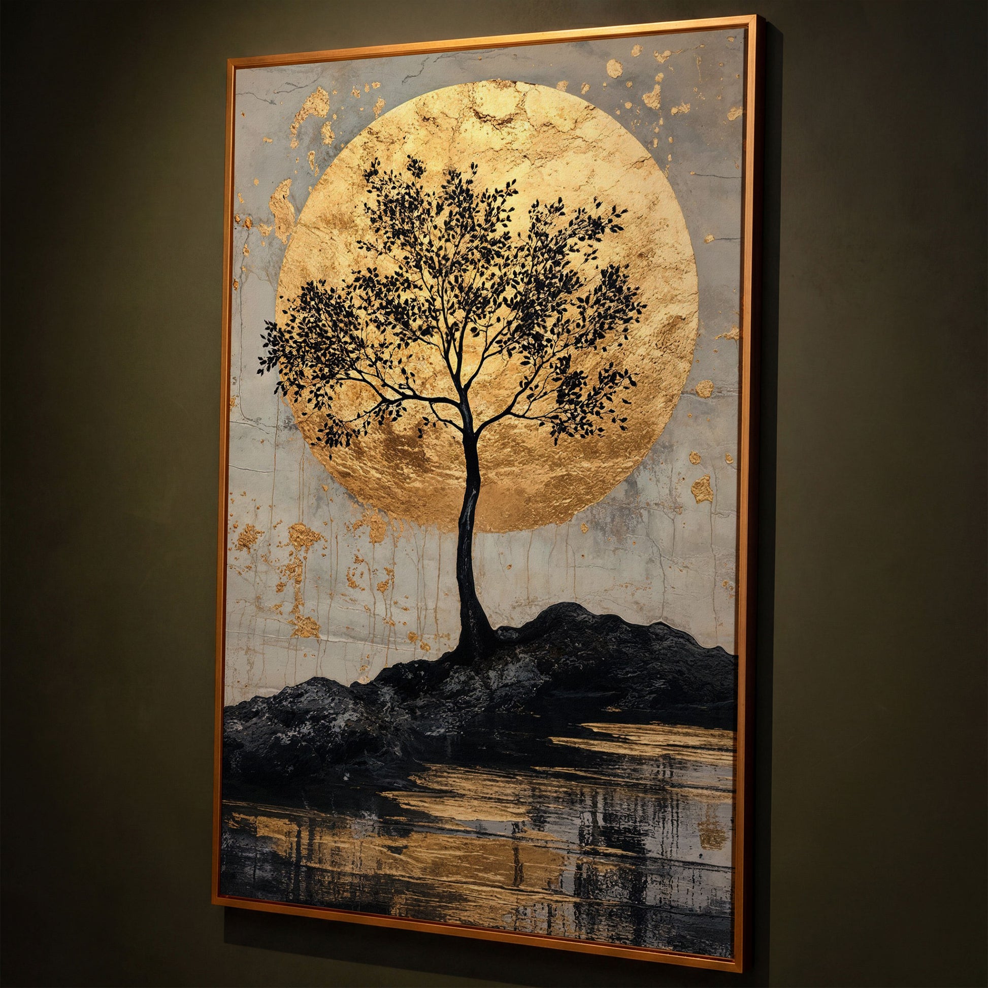 Black Tree with Golden Moon Canvas Print shown in antique gold floating frame