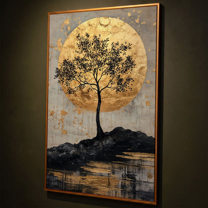 Black Tree with Golden Moon Canvas Print shown in antique gold floating frame