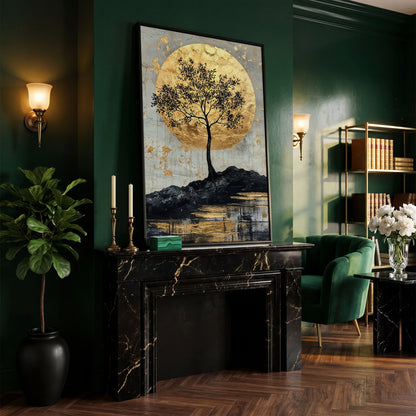 Black Tree with Golden Moon Canvas Print in black floating frame
