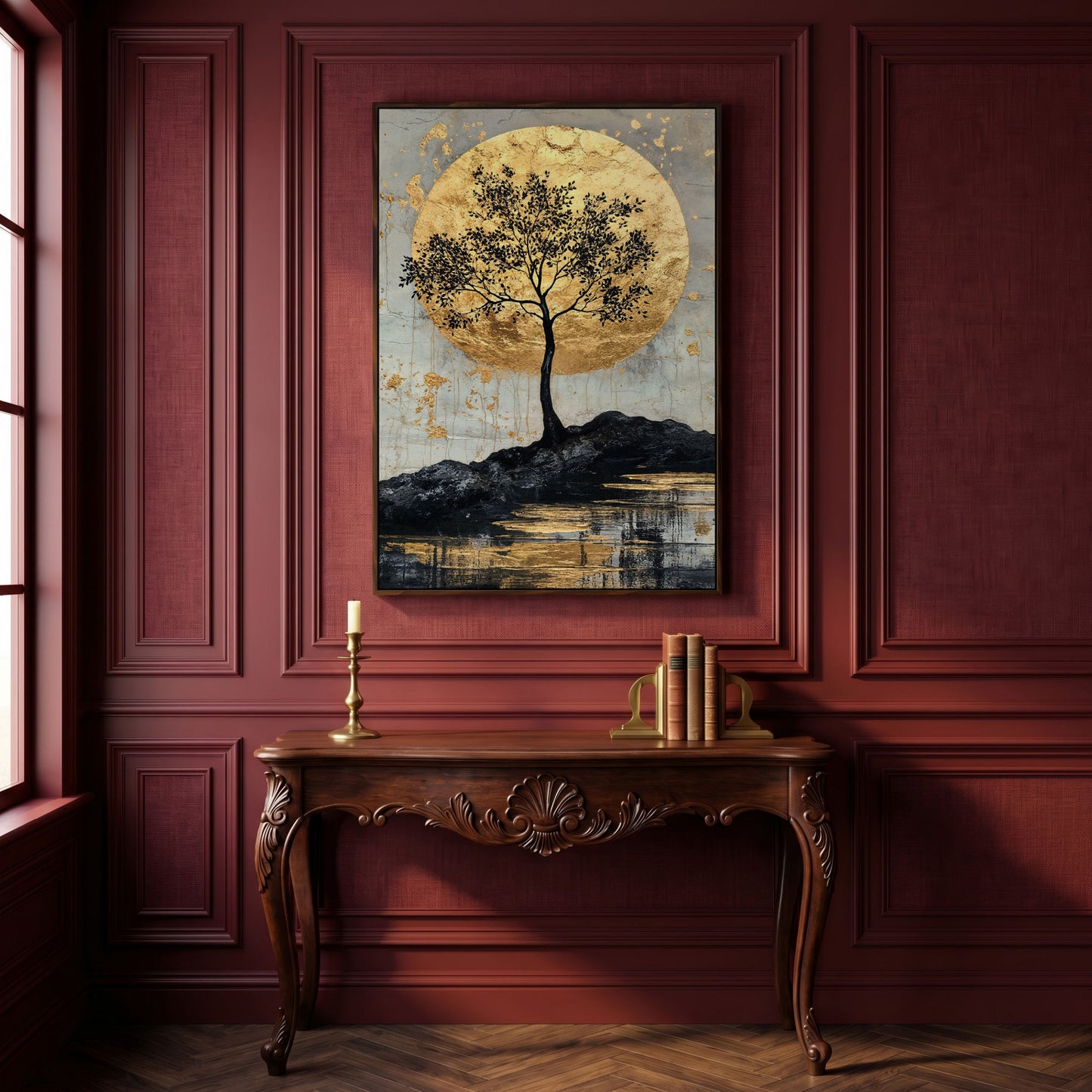 Black Tree with Golden Moon Canvas Print in dark walnut floating frame