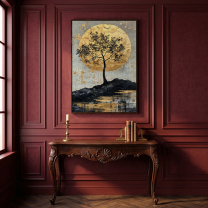 Black Tree with Golden Moon Canvas Print in dark walnut floating frame