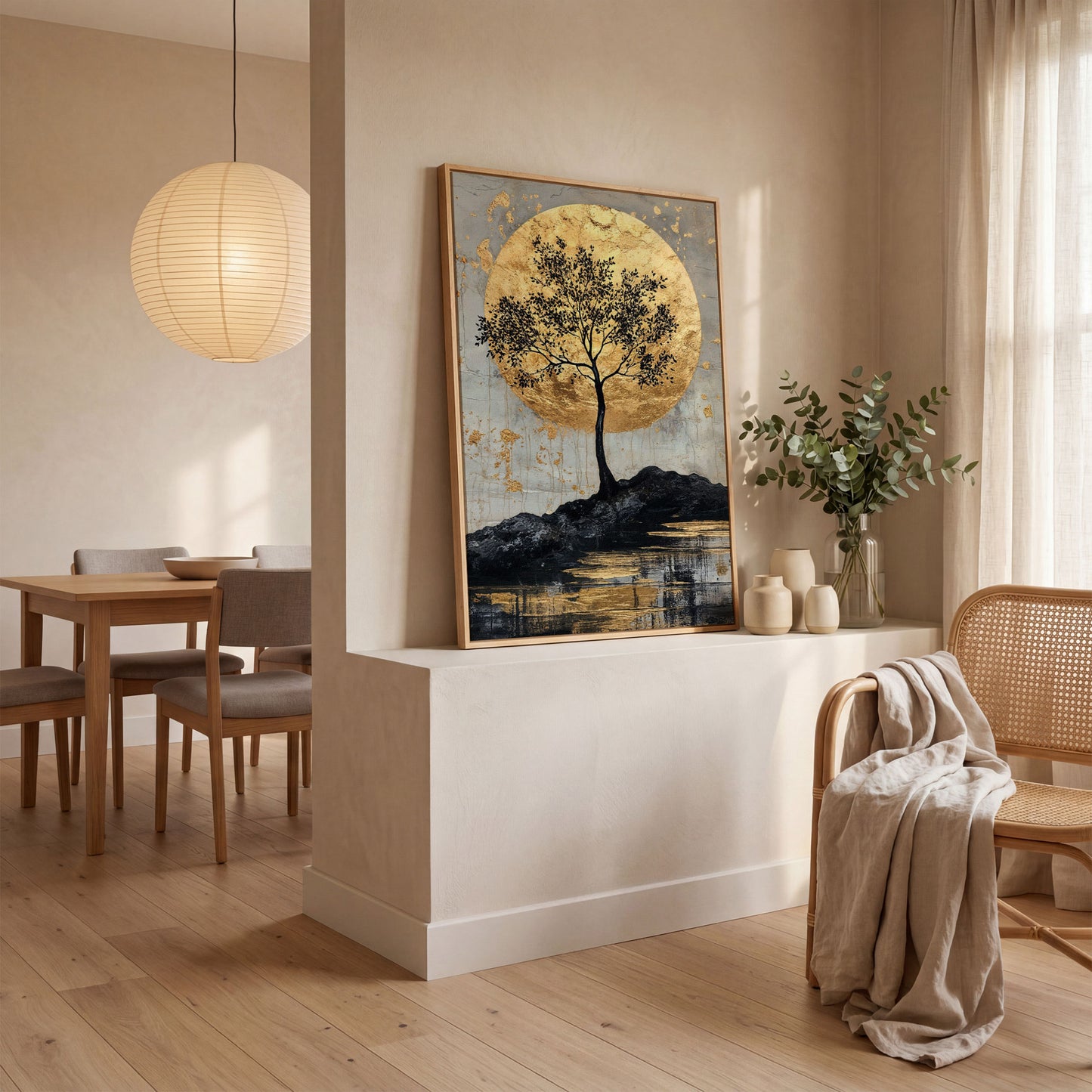 Black Tree with Golden Moon Canvas Print in white oak floating frame