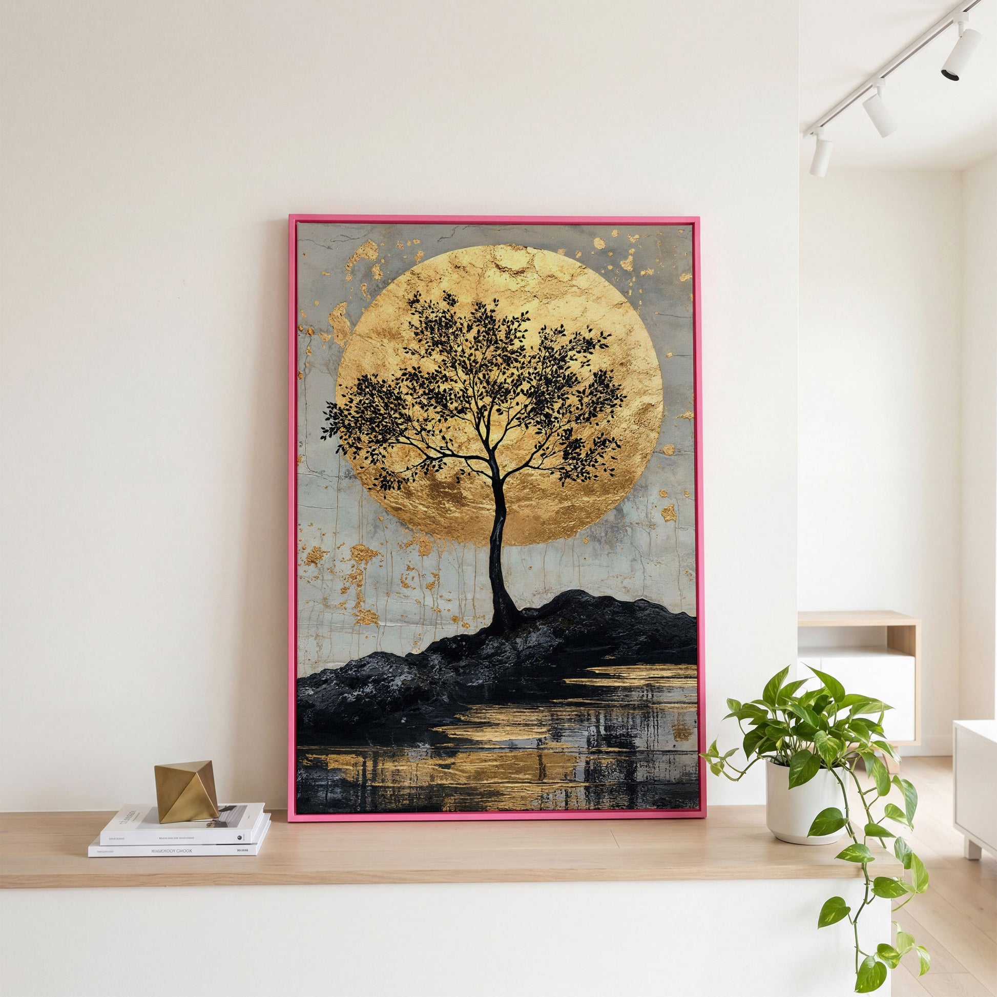 Black Tree with Golden Moon Canvas Print in pink floating frame