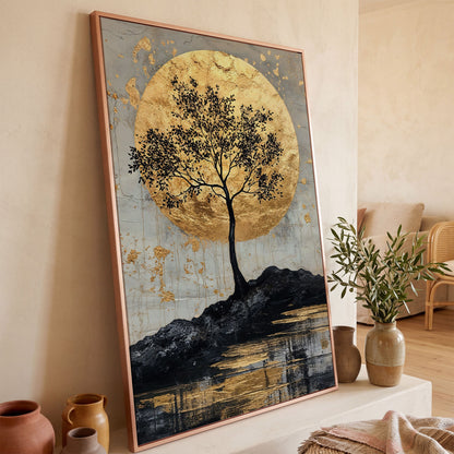 Black Tree with Golden Moon Canvas Print in rose gold floating frame
