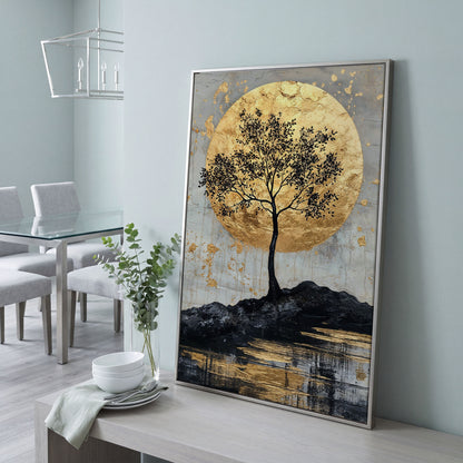 Black Tree with Golden Moon Canvas Print in silver floating frame