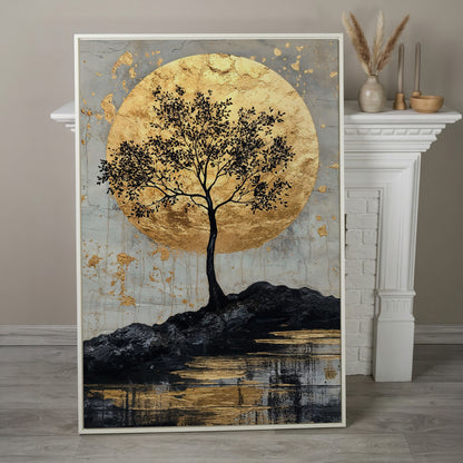 Black Tree with Golden Moon Canvas Print in white floating frame