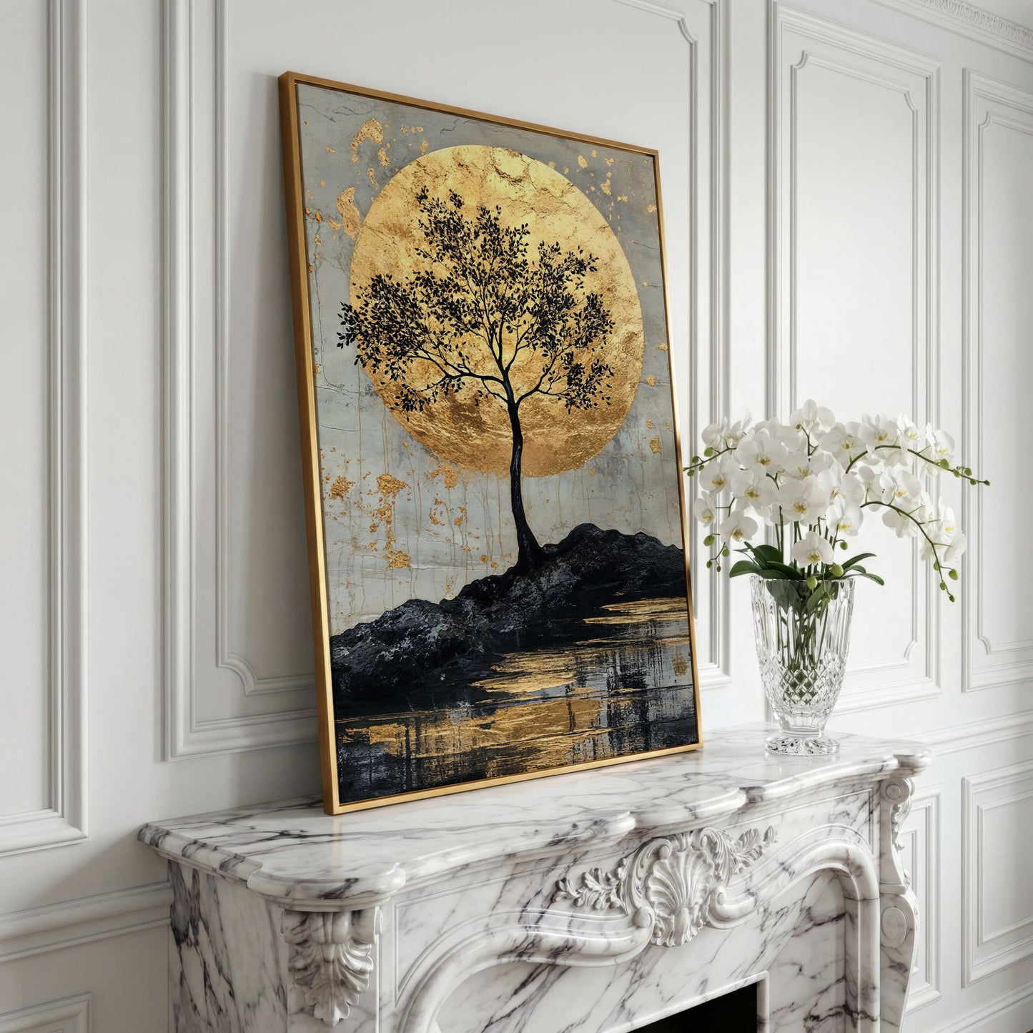 Black Tree with Golden Moon Canvas Print in yellow gold floating frame