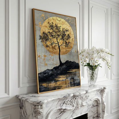 Black Tree with Golden Moon Canvas Print in yellow gold floating frame