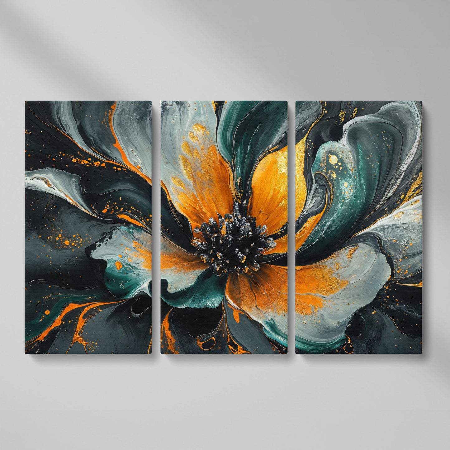 Abstract Fluid Flower Canvas in Teal, Burnt Orange & Gold as 3-panel split version