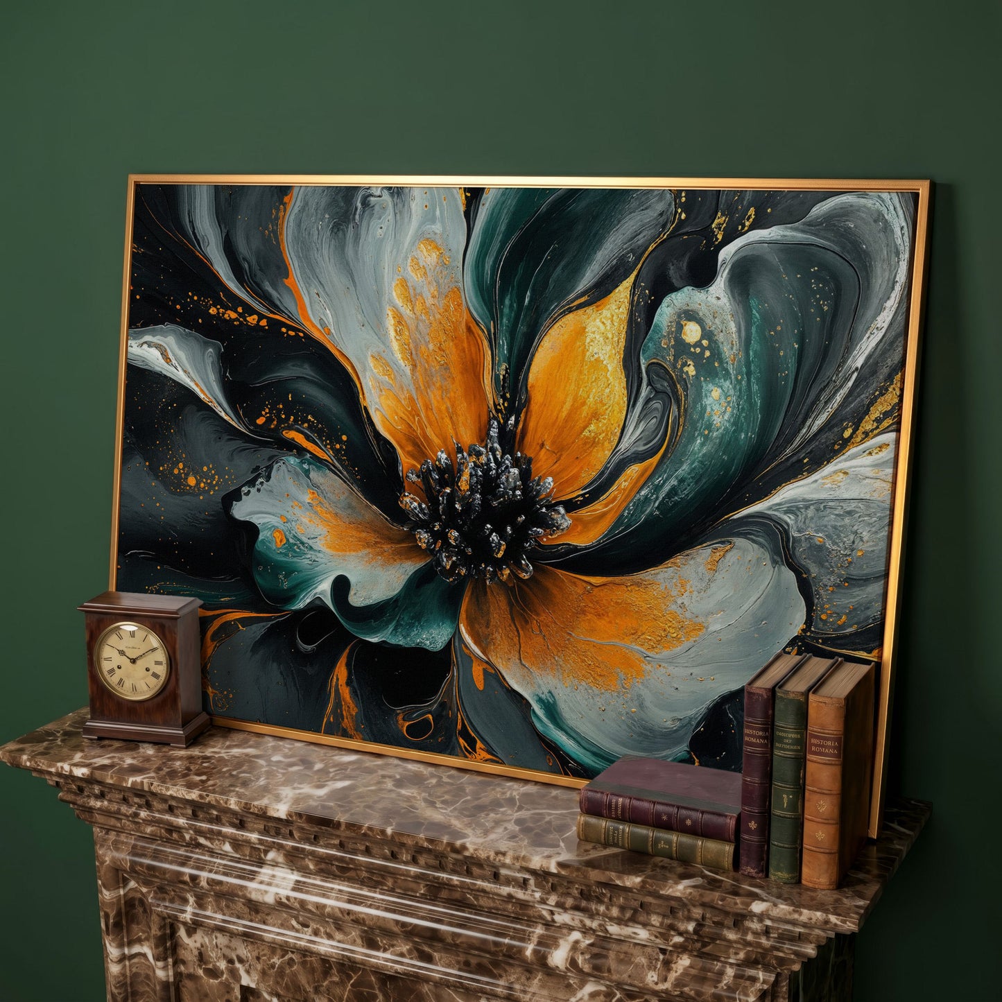 Abstract Fluid Flower Canvas in Teal, Burnt Orange & Gold in antique gold floating frame
