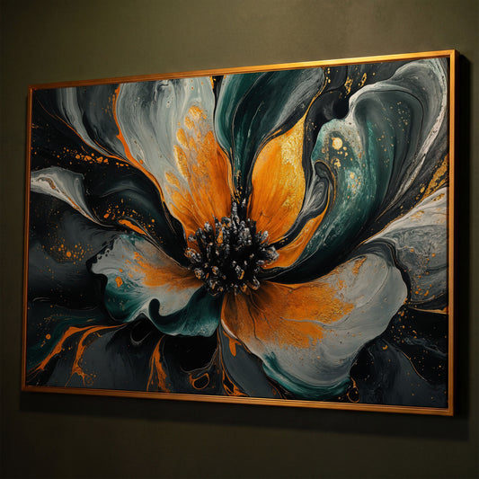 Abstract Fluid Flower Canvas in Teal, Burnt Orange & Gold shown in antique gold floating frame