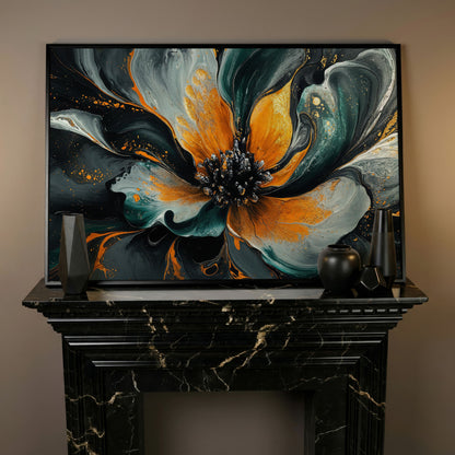 Abstract Fluid Flower Canvas in Teal, Burnt Orange & Gold in black floating frame