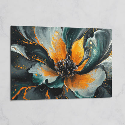 Abstract Fluid Flower Canvas in Teal, Burnt Orange & Gold on gallery wrap