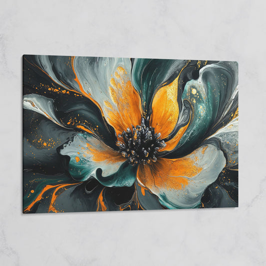 Abstract Fluid Flower Canvas in Teal, Burnt Orange & Gold on gallery wrap