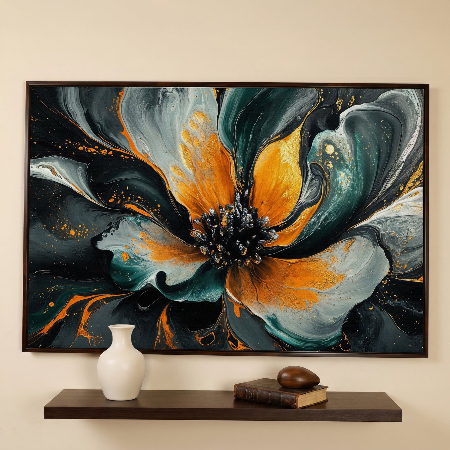 Abstract Fluid Flower Canvas in Teal, Burnt Orange & Gold in dark walnut floating frame
