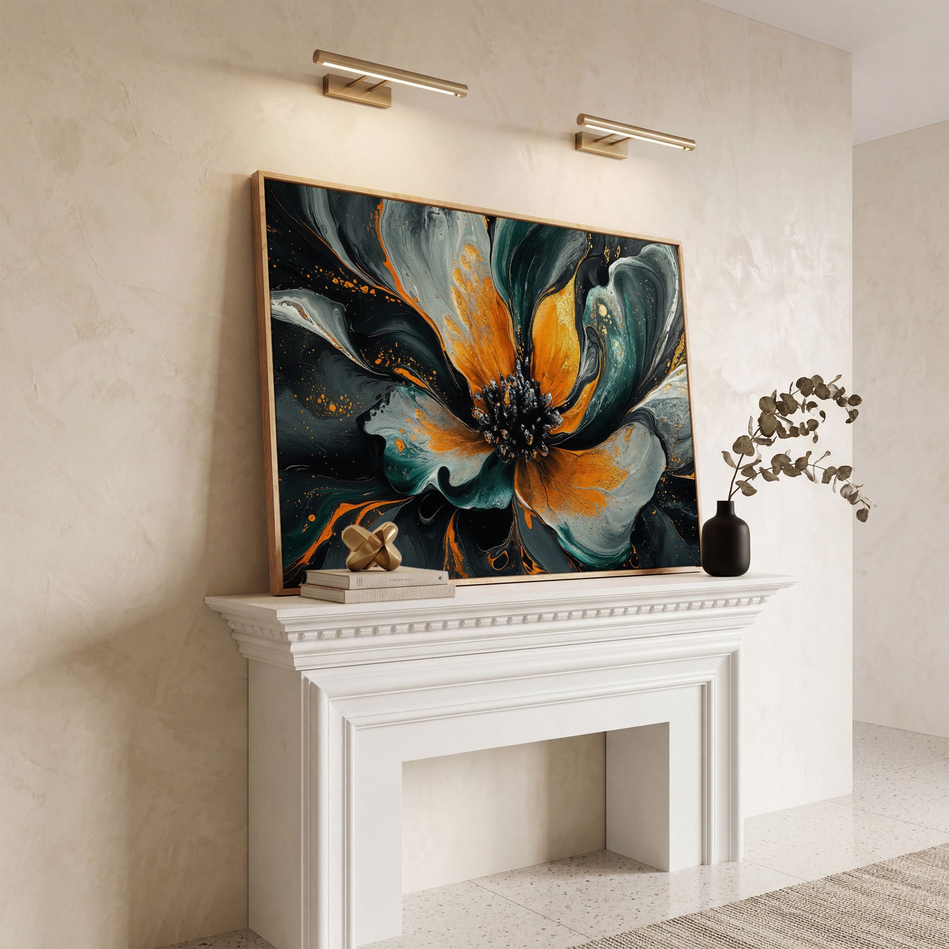 Abstract Fluid Flower Canvas in Teal, Burnt Orange & Gold in white oak floating frame