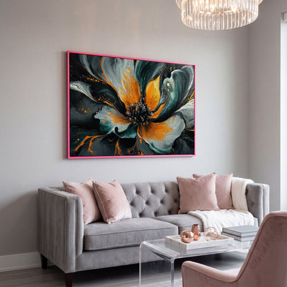 Abstract Fluid Flower Canvas in Teal, Burnt Orange & Gold in pink floating frame