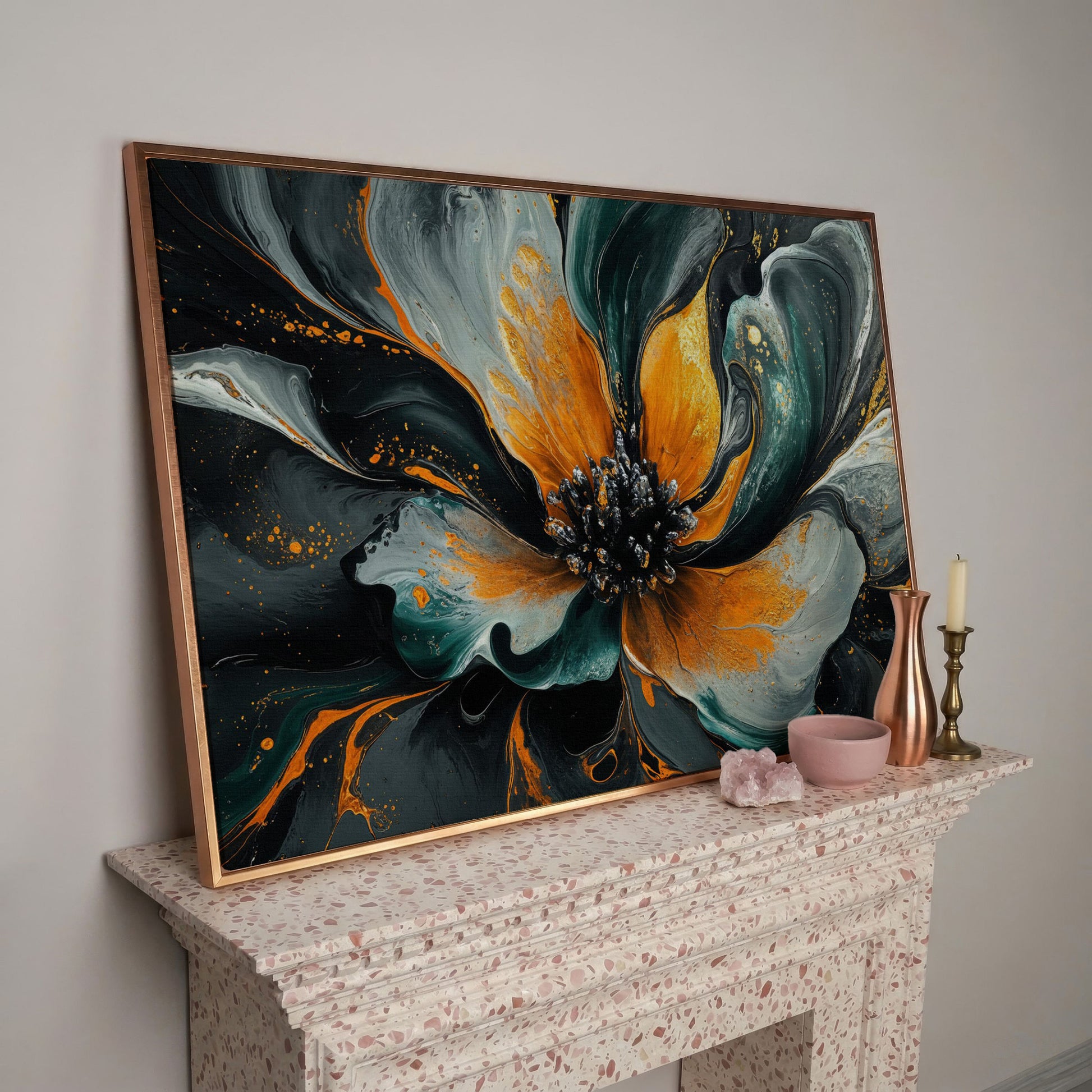 Abstract Fluid Flower Canvas in Teal, Burnt Orange & Gold in rose gold floating frame