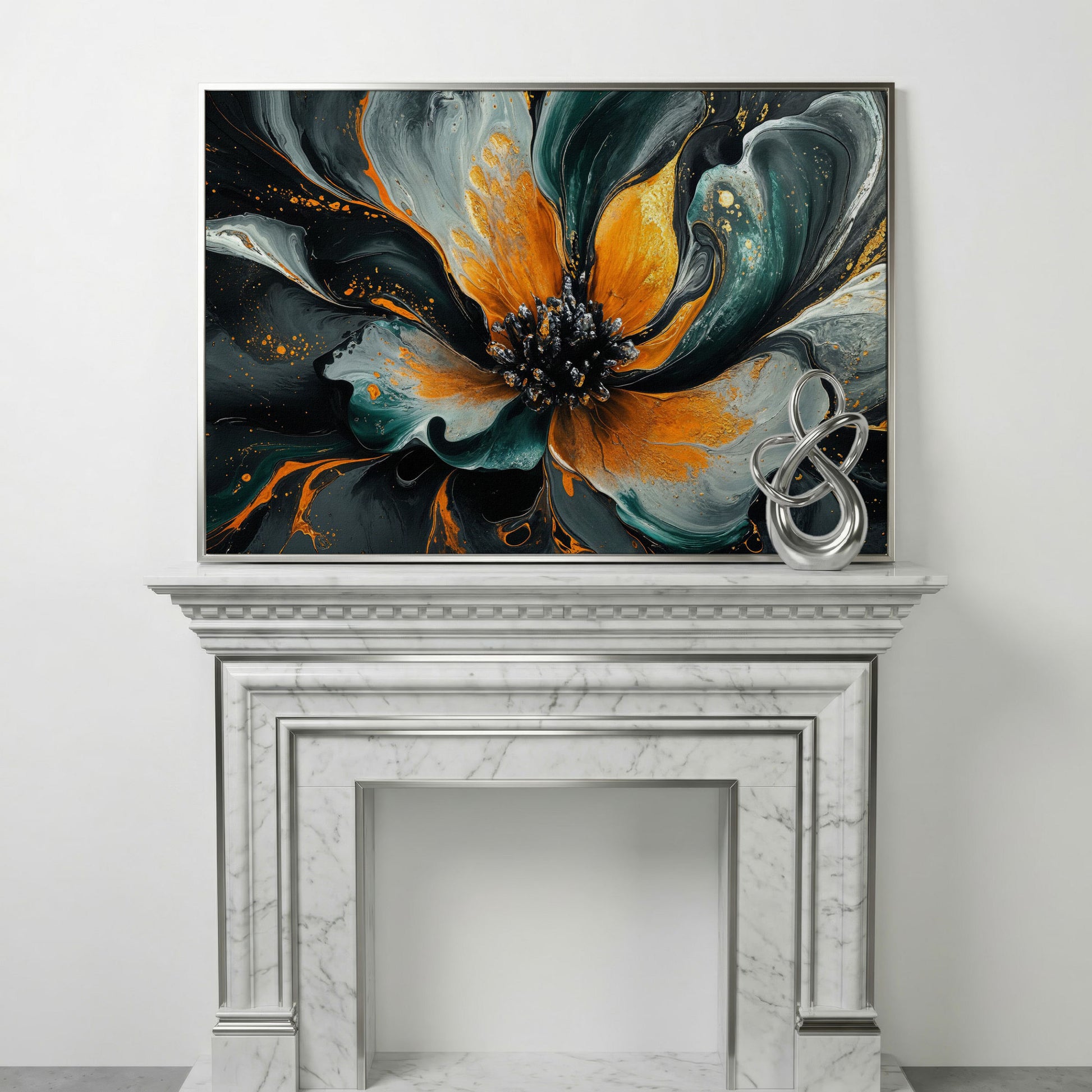 Abstract Fluid Flower Canvas in Teal, Burnt Orange & Gold in silver floating frame