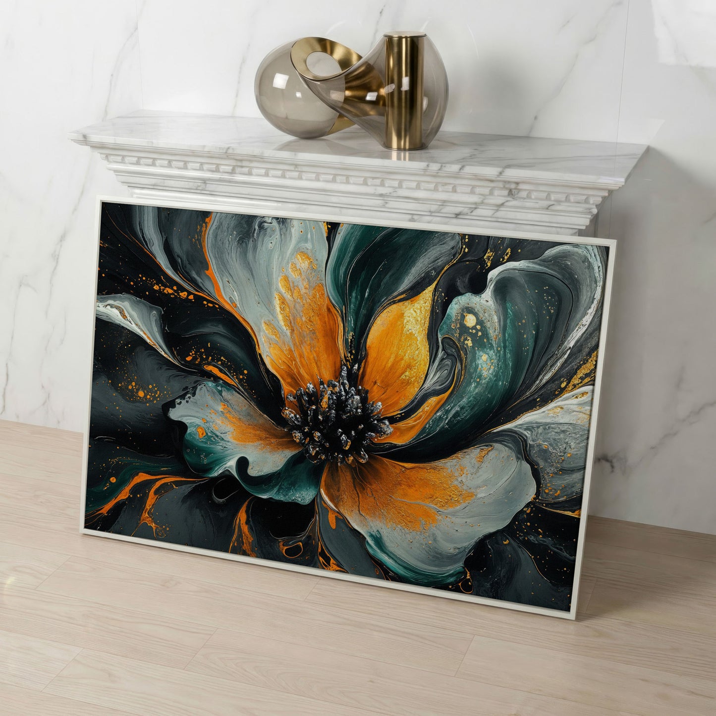 Abstract Fluid Flower Canvas in Teal, Burnt Orange & Gold in white floating frame