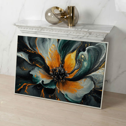 Abstract Fluid Flower Canvas in Teal, Burnt Orange & Gold in white floating frame