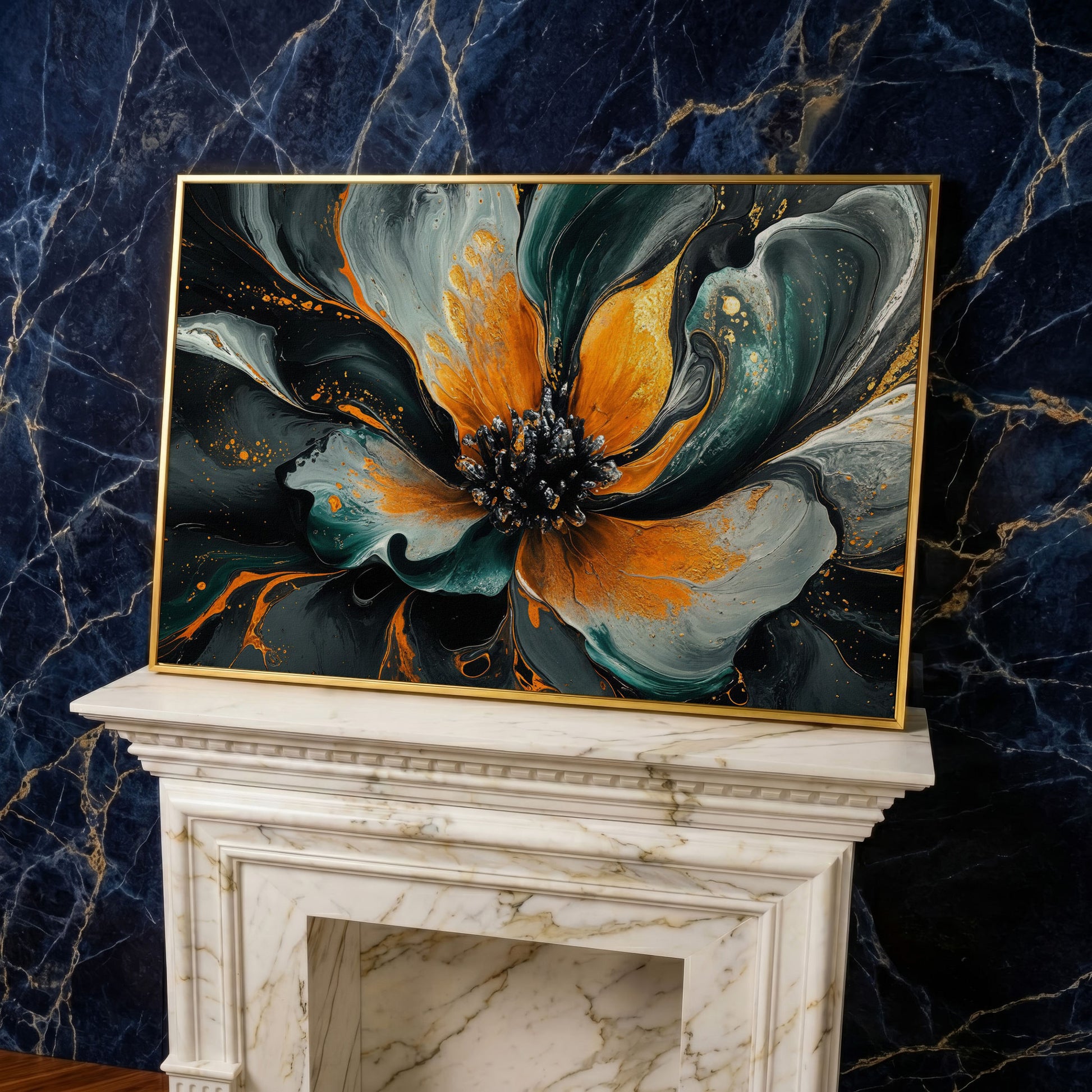 Abstract Fluid Flower Canvas in Teal, Burnt Orange & Gold in yellow gold floating frame