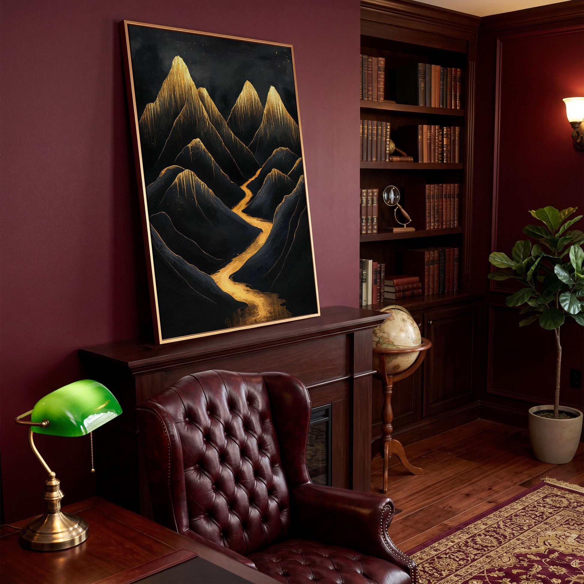 Golden Peaks Black Mountain Canvas Print in antique gold floating frame
