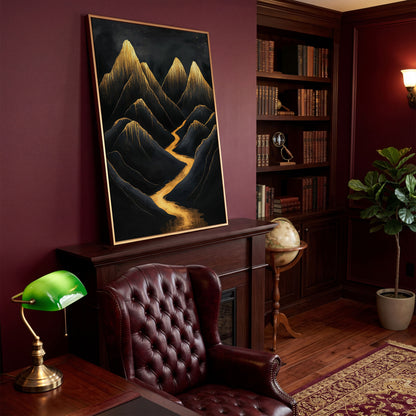 Golden Peaks Black Mountain Canvas Print in antique gold floating frame